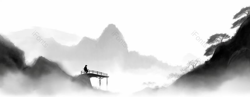 人坐在悬崖小桥上观景水墨中国画背景壁纸抽象水墨山水风景画,插画/手绘图,插画/手绘图库,插画/手绘图下载,插画/手绘